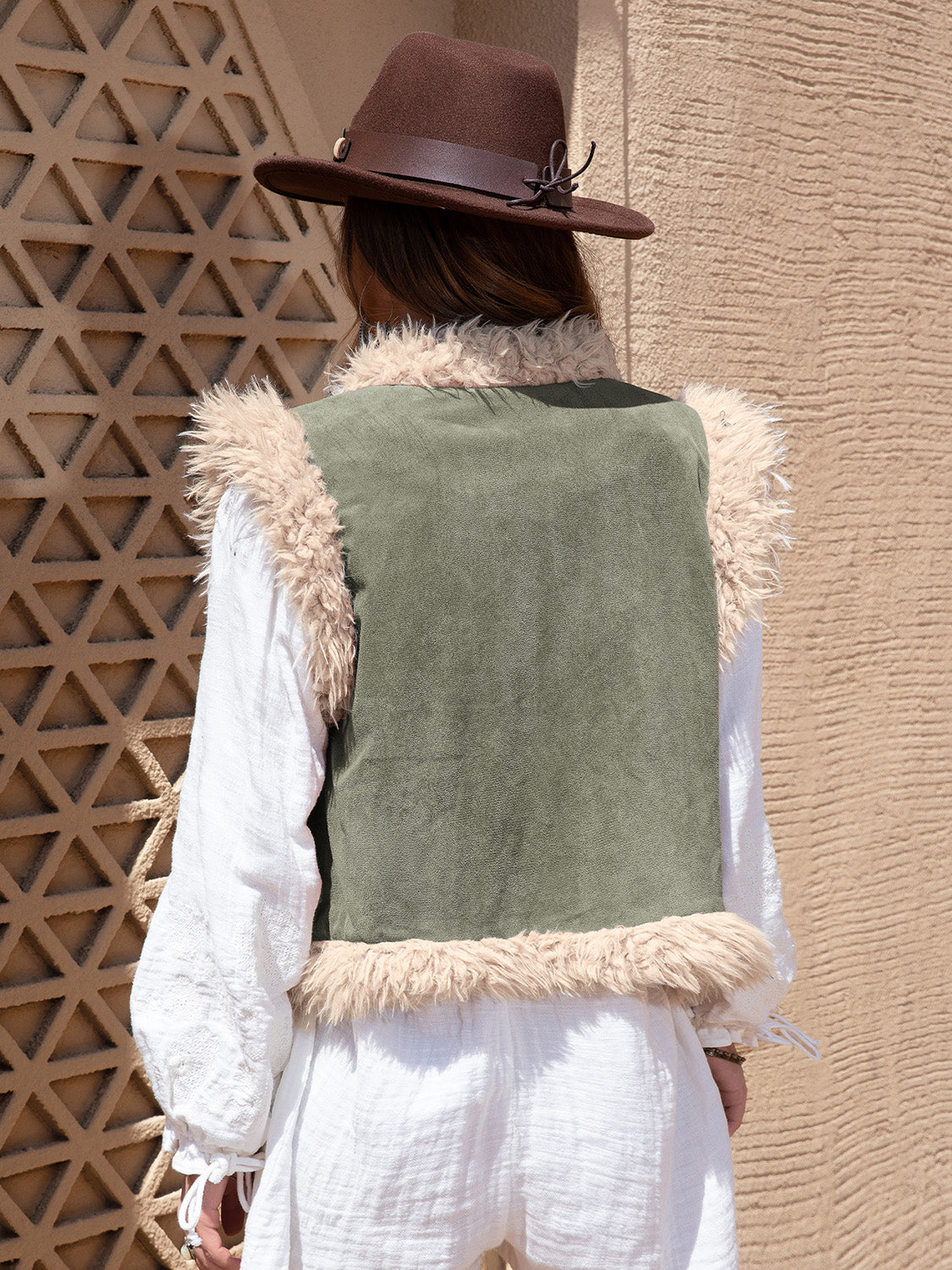 Matcha Green Fuzzy Trim Open Front Vest Coat