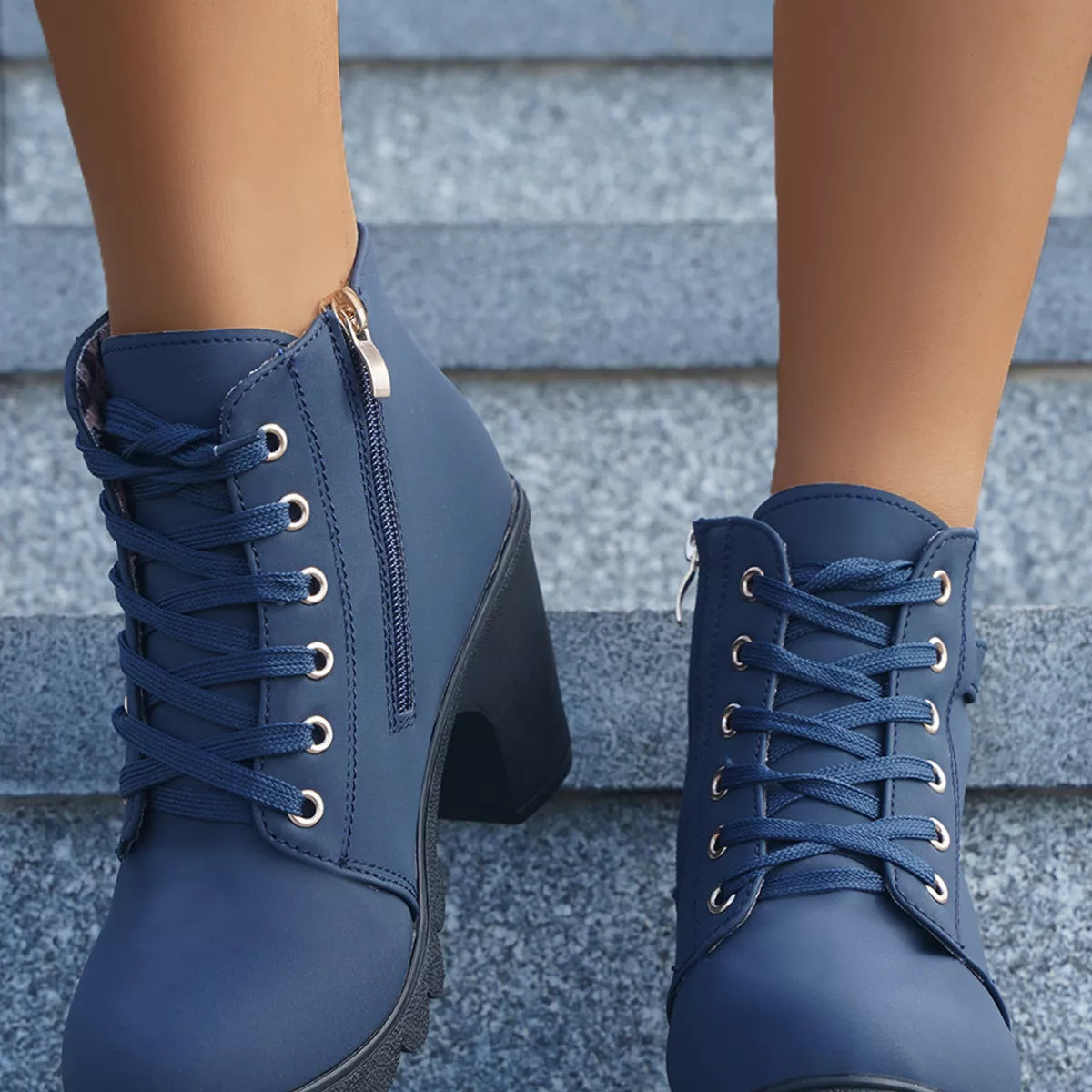 Lace Up Boots - Block High Heels - Fashions Envy
