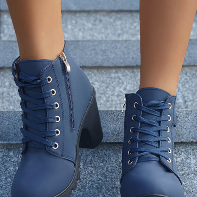 Lace Up Boots - Block High Heels - Fashions Envy