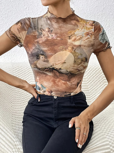Abstract Print Ruffled Mock Neck Crop T-Shirt - Fashions Envy