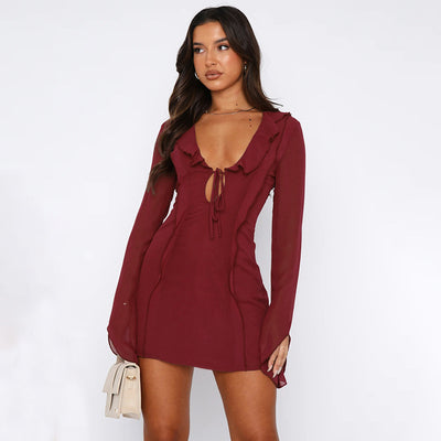 Sexy Y2K Ruffled V-neck Lace-up Long-sleeved Mini Dress