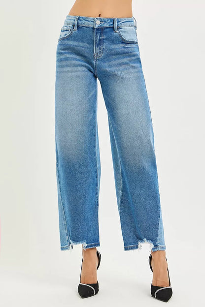 RISEN Slouchy Cropped Barrel Jeans - Contrast Wash - Fashions Envy