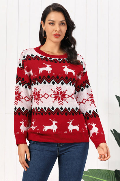 Reindeer Round Neck Sweater - Fashions Envy