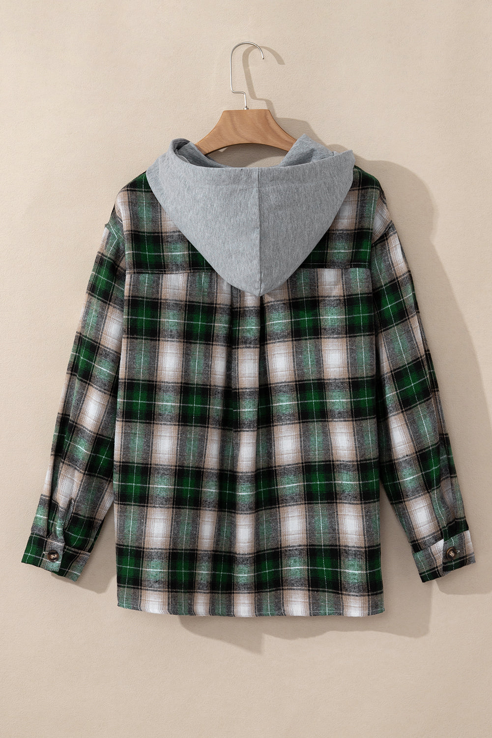 Red Plaid Print Chest Pocket Buttoned Hooded Shacket