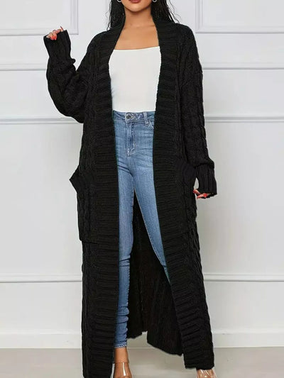 Cable Knit Cardigan - Longline Textured Pocketed Duster - Fashions Envy