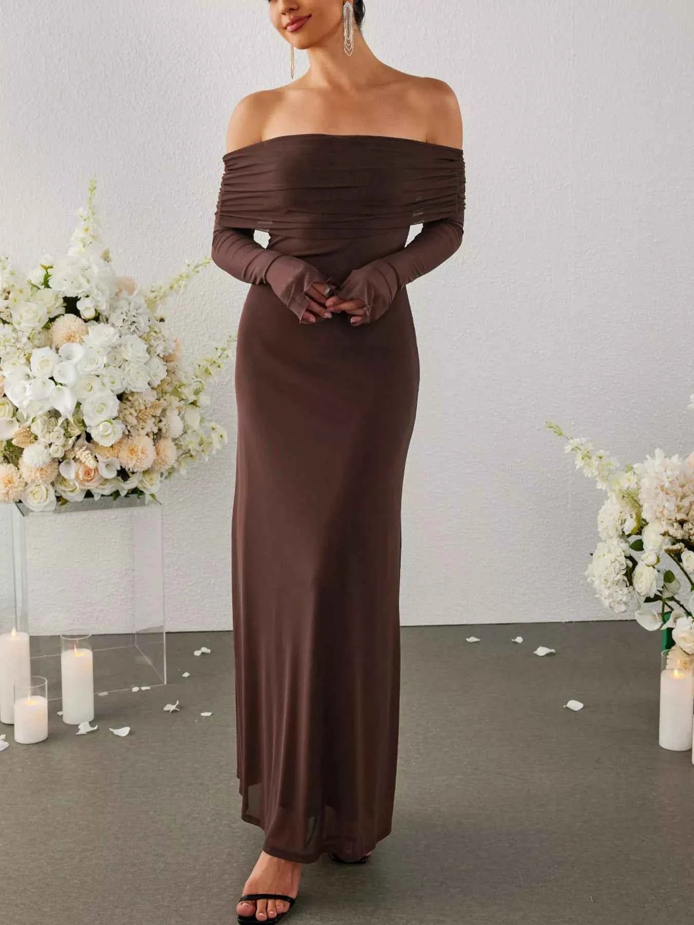 Off-Shoulder Ruched Long Sleeve Maxi Dress