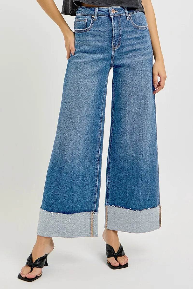 RISEN Full Size Tummy Control High Rise Crop Wide Cuffed Jeans Plus Size - Fashions Envy