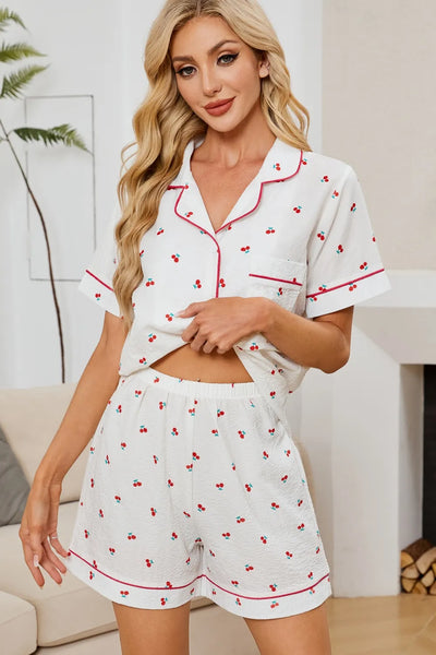 Cheery Print Lounge Set - Collared Top & Shorts Pajamas - Fashions Envy