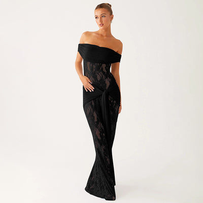 Sheer Mesh and Lace Maxi Dress - Sleeveless Off-Shoulder
