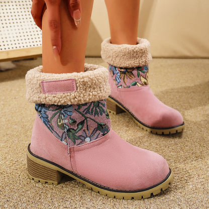Embroidered Snow Boots - Ethnic Platform Square Heel