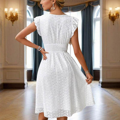 Women's Solid Color V-Neck Lace Short Sleeve Dress With Elastic Waist - A-Line Flowy Midi Dress For Summer Vacation - Fashions Envy