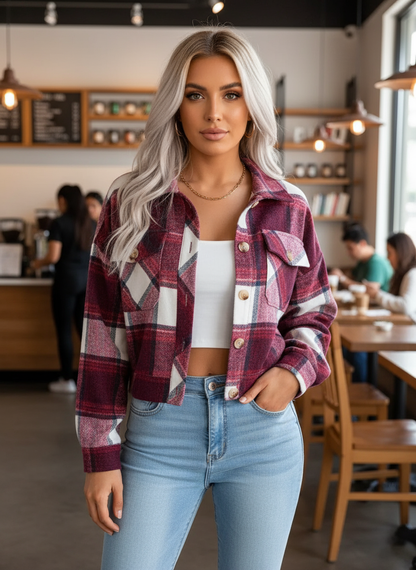 Deep rose plaid jacket - front view