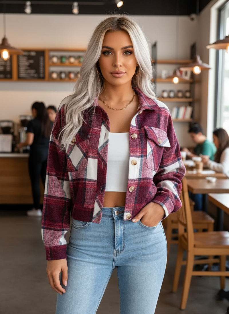 Deep rose plaid jacket - front view