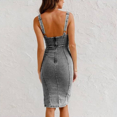 Trendsi Denim Bodycon Mini Dress in gray washed denim with adjustable straps and back zipper