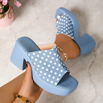 Trendsi blue platform sandals with Denim Color Polka Dot pattern and chunky heels