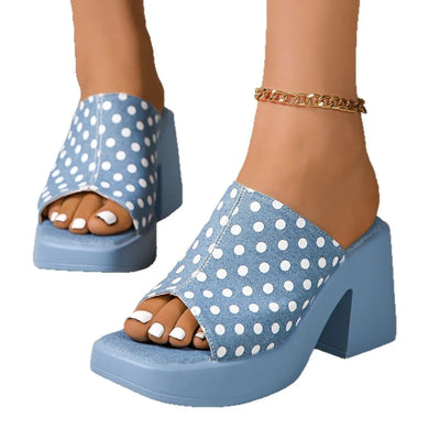Trendsi Denim Color Polka Dot open-toe high heel slide sandals with blue block heels