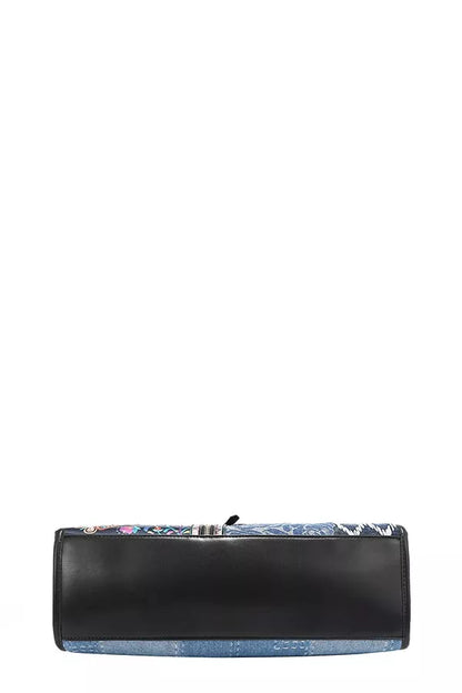 Stylish Denim Tote Bag with Colorful Floral Design and Black Leather Accents for Everyday Use
