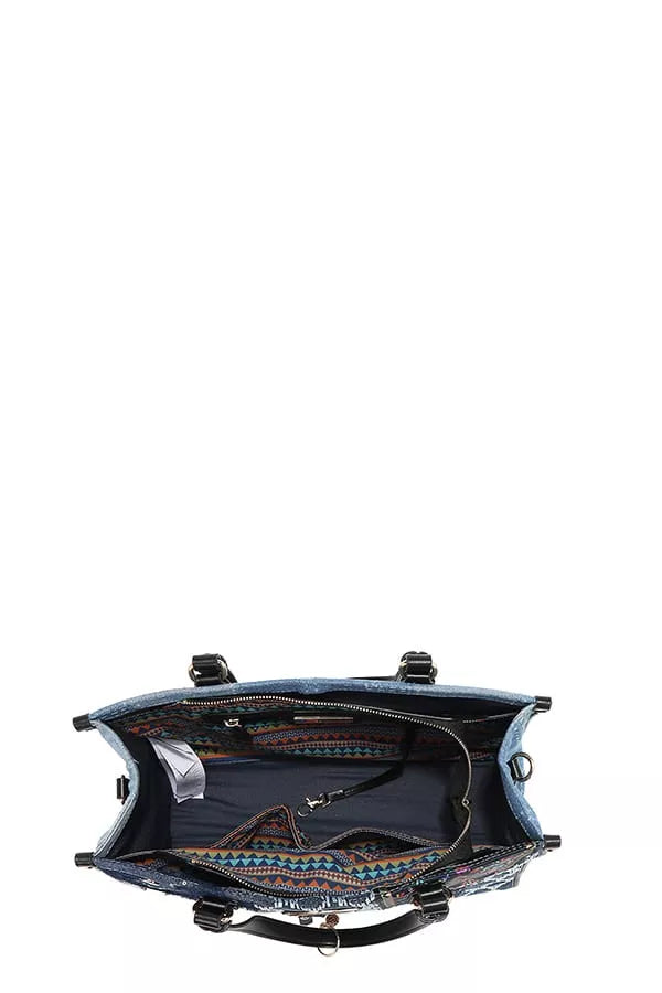 Spacious Denim Tote Bag with colorful inner lining and multiple pockets for organization