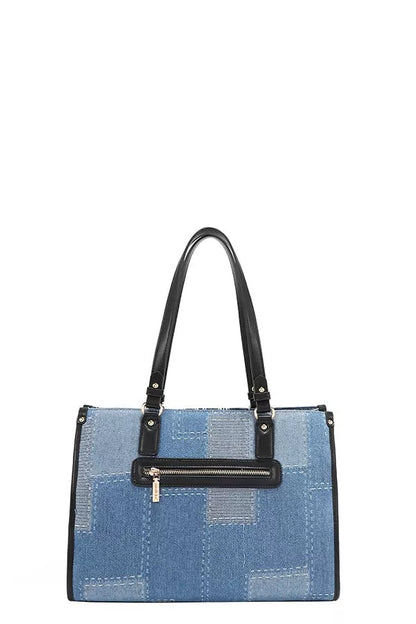 Trendsi Denim Tote Bag with stylish black accents and plenty of storage space