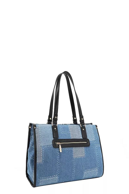 Trendsi Denim Tote Bag with Black Leather Straps and Stylish Patchwork Design