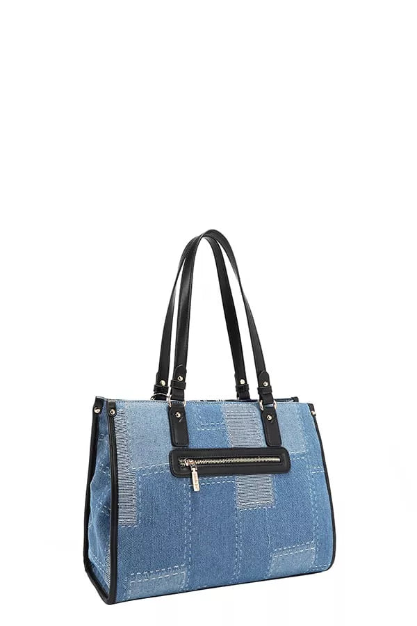 Trendsi Denim Tote Bag with Black Leather Straps and Stylish Patchwork Design