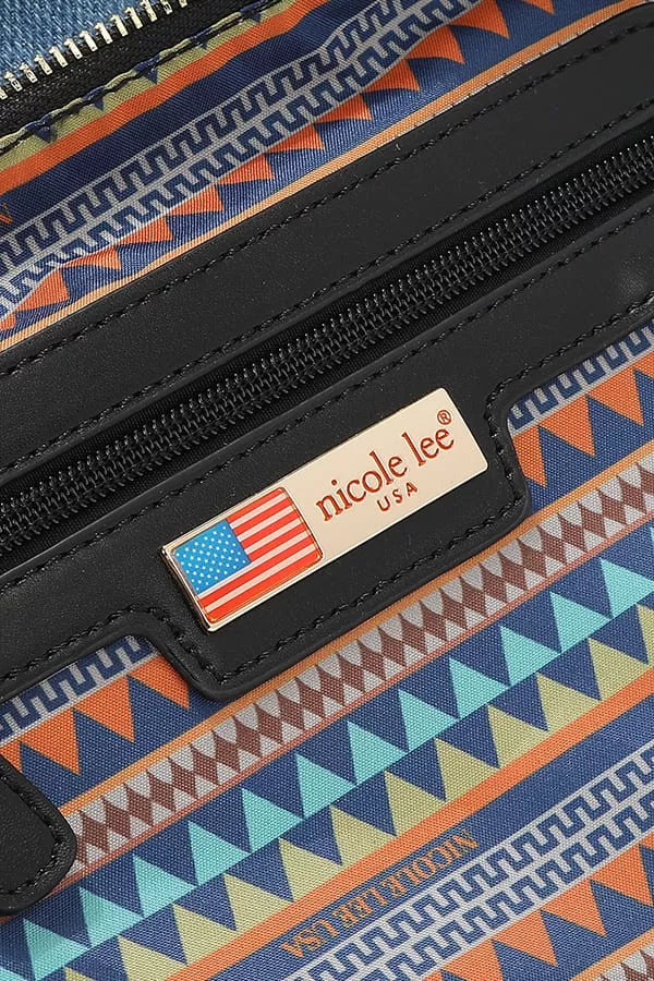 Trendsi Denim Tote Bag featuring a colorful geometric pattern and stylish logo detail
