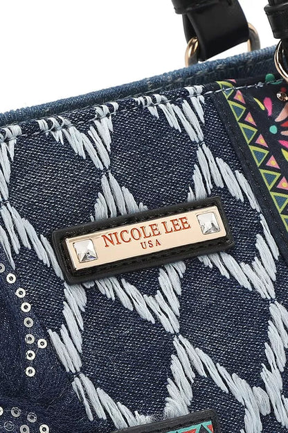 Trendsi Denim Tote Bag with decorative patterns and stylish brand tag for everyday use