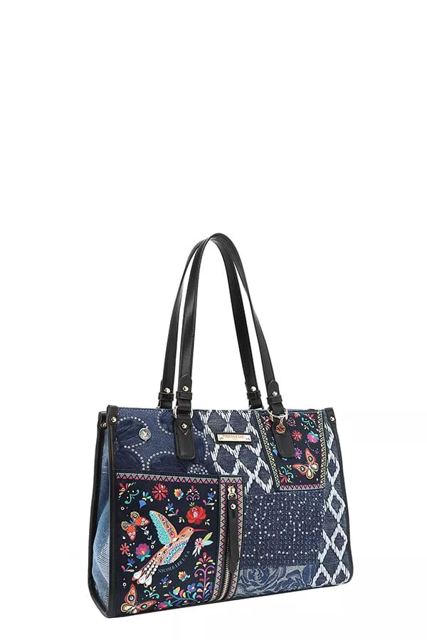 Stylish Denim Tote Bag with Colorful Floral Embroidery and Durable Straps for Everyday Use