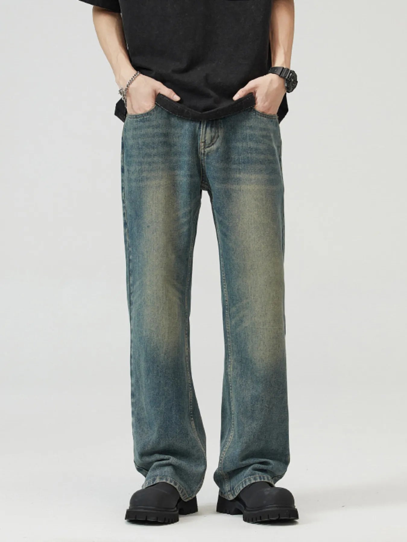 Trendsi men's plus size straight leg jeans faded blue relaxed fit with hands in pockets