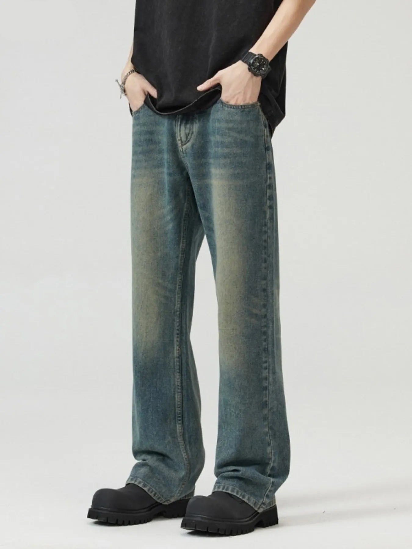 Trendsi men's plus size straight leg jeans faded blue wash relaxed fit with five pocket styling