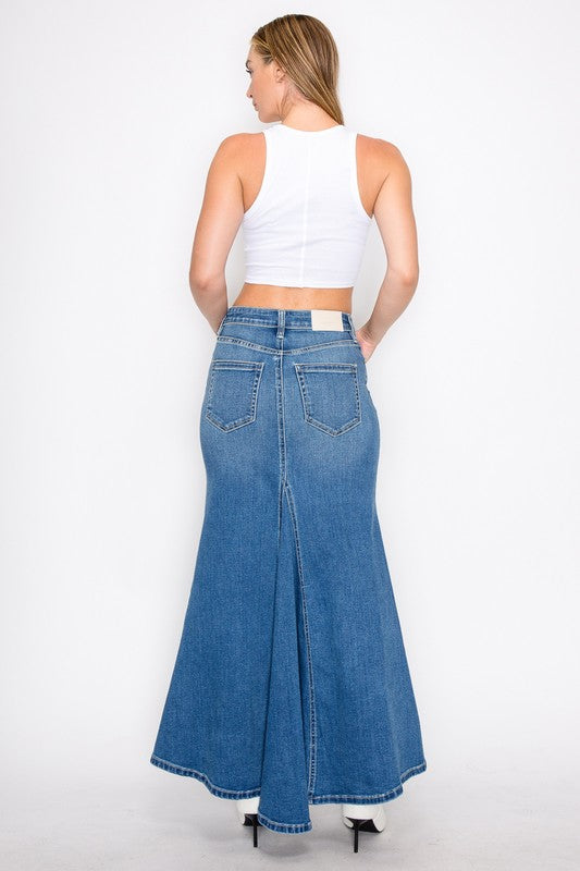 Artemis Vintage denim Mermaid Skirt with Gusset back view on model high waisted with pockets