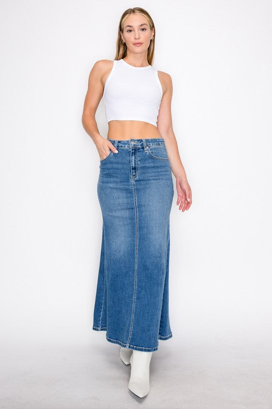 Artemis Vintage Mermaid Skirt with Gusset denim maxi skirt modeled with white crop top and ankle boots