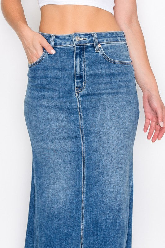 Artemis Vintage denim Mermaid Skirt with Gusset high waist blue jean long fitted flare skirt with pockets
