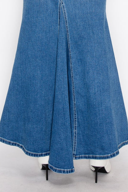 Artemis Vintage denim Mermaid Skirt with Gusset showing flared back panel and white high heel boots