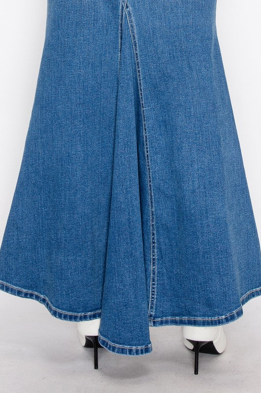 Artemis Vintage denim Mermaid Skirt with Gusset showing flared back panel and white high heel boots