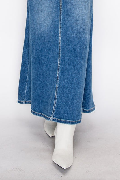 Artemis Vintage denim Mermaid Skirt with Gusset ankle length panel seams styled with white boots