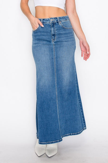 Artemis Vintage Mermaid Skirt with Gusset denim maxi skirt high waist front seam pockets ankle length