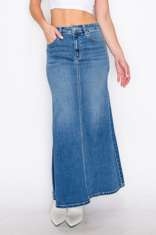 Artemis Vintage Mermaid Skirt with Gusset denim maxi skirt high waist front seam pockets ankle length