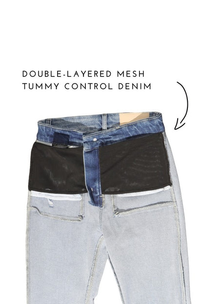 Artemis Vintage women's high rise tummy control jeans light wash showing double layered mesh tummy control panel interior