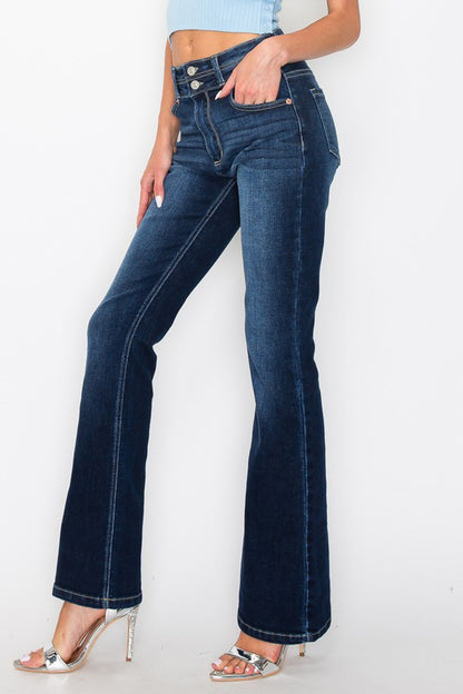 Artemis Vintage dark wash women's tummy control bootcut jeans high waist with double button and silver heels