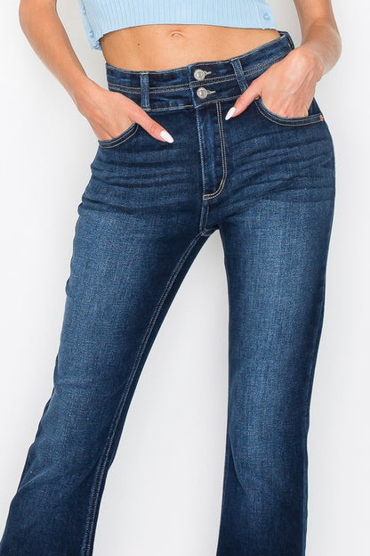 Artemis Vintage women's tummy control bootcut jeans high rise dark wash with double button waist