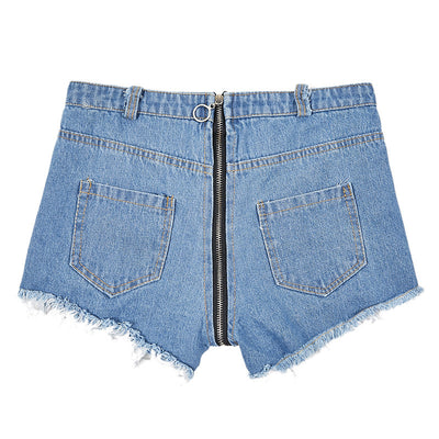 Trendsi Distressed Frayed Denim Shorts back view light wash with center zipper and frayed hem