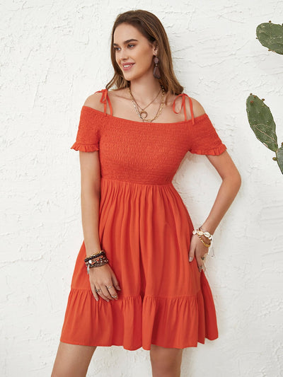 Orange Smocked Spaghetti Strap Short Sleeve Mini Dress