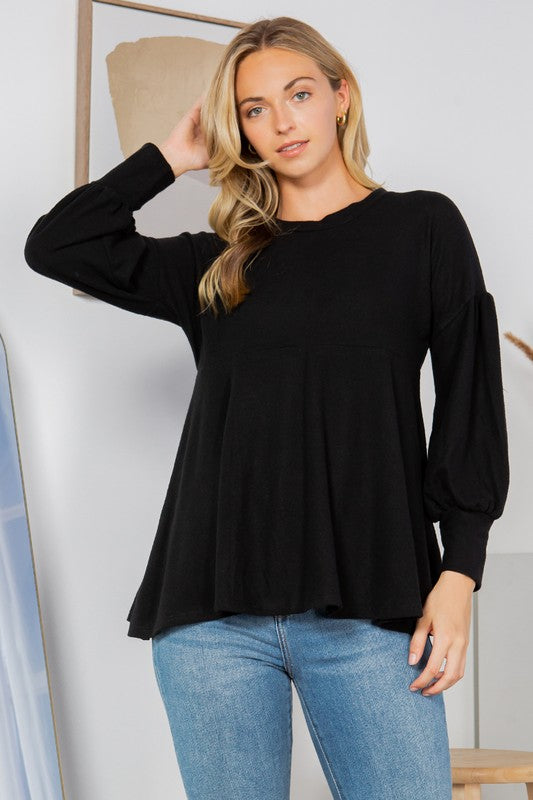 Long Sleeve Round Neck Soft Knit Babydoll Top