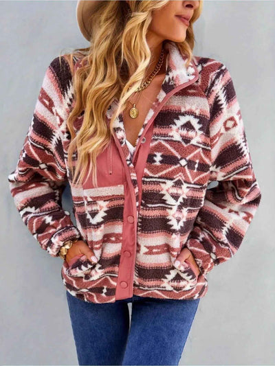 Aztec Print Fleece Jacket - Snap-Down Southwestern Style - Fashions Envy