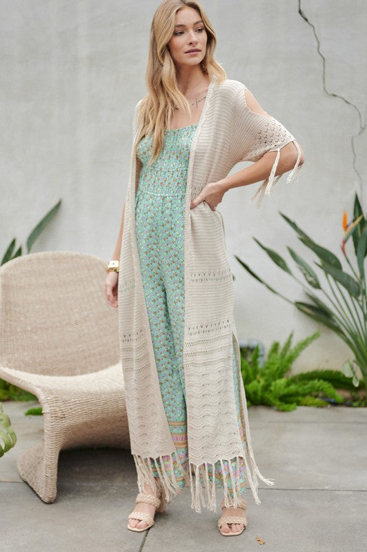 Solid 3/4 Sleeve Long Cardigan With Fringe