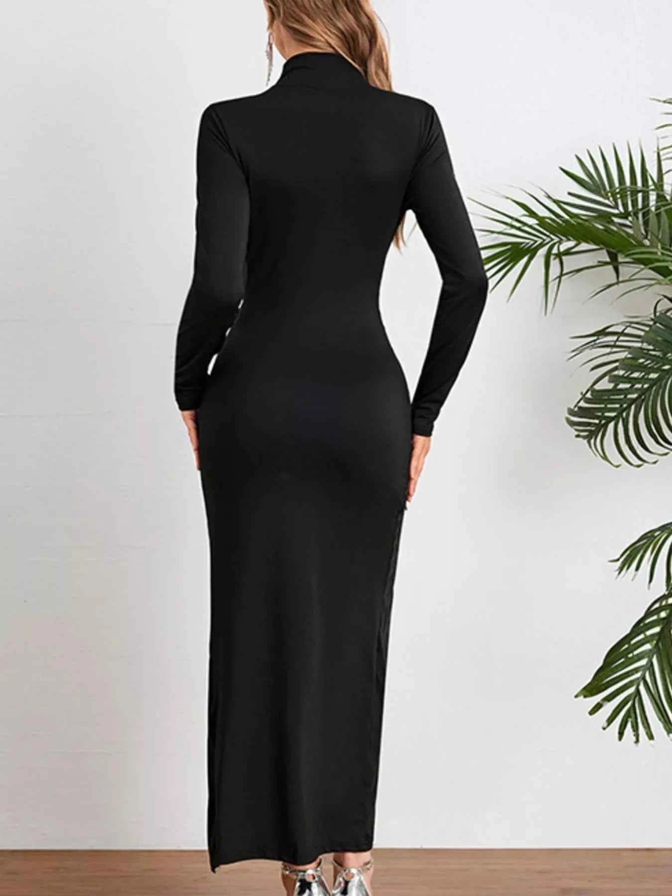 Mock Neck Long Sleeve Ruched Slit Midi Dress
