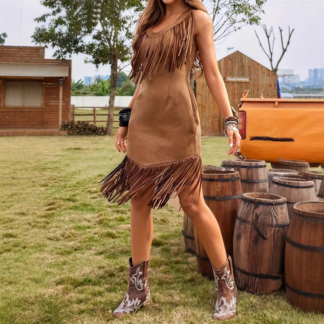 Women's Brown Western Suede Fringe Dress - Sleeveless Vacation Style