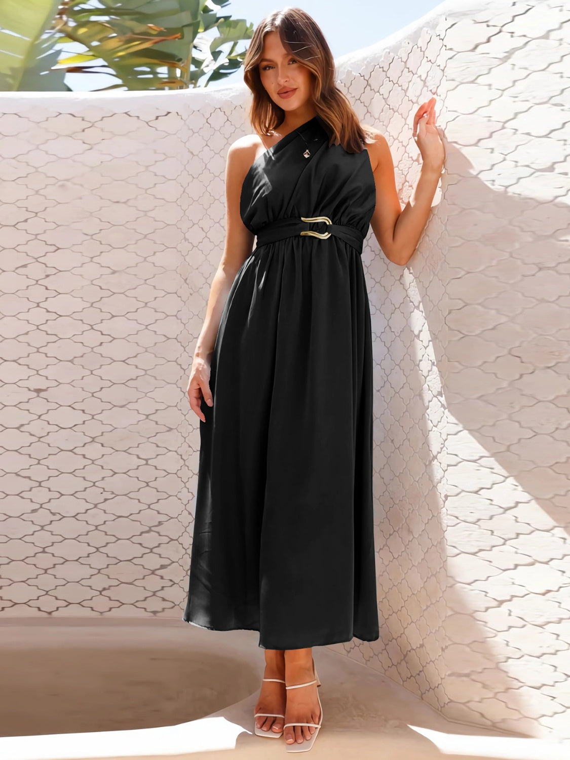Ruched Single Shoulder Belted Midi Dress