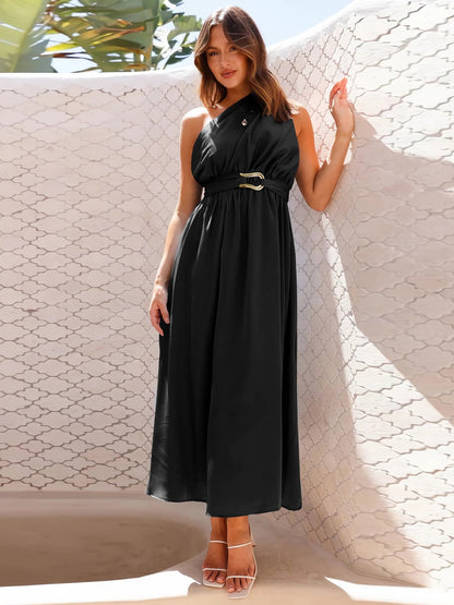 Ruched Single Shoulder Belted Midi Dress